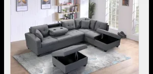Grey Fabric Sectional With Drop Down Cup Holder & Throw Pillows- Extra Storage- Model #1982