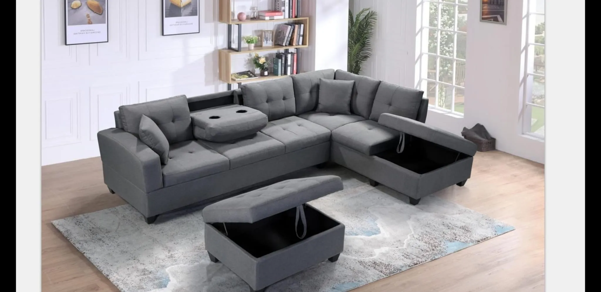 Grey Fabric Sectional With Drop Down Cup Holder & Throw Pillows- Extra Storage- Model #1982