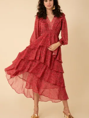 Hale Bob Alma Tiered Chiffon Maxi Dress In Raspberry 38EH6040