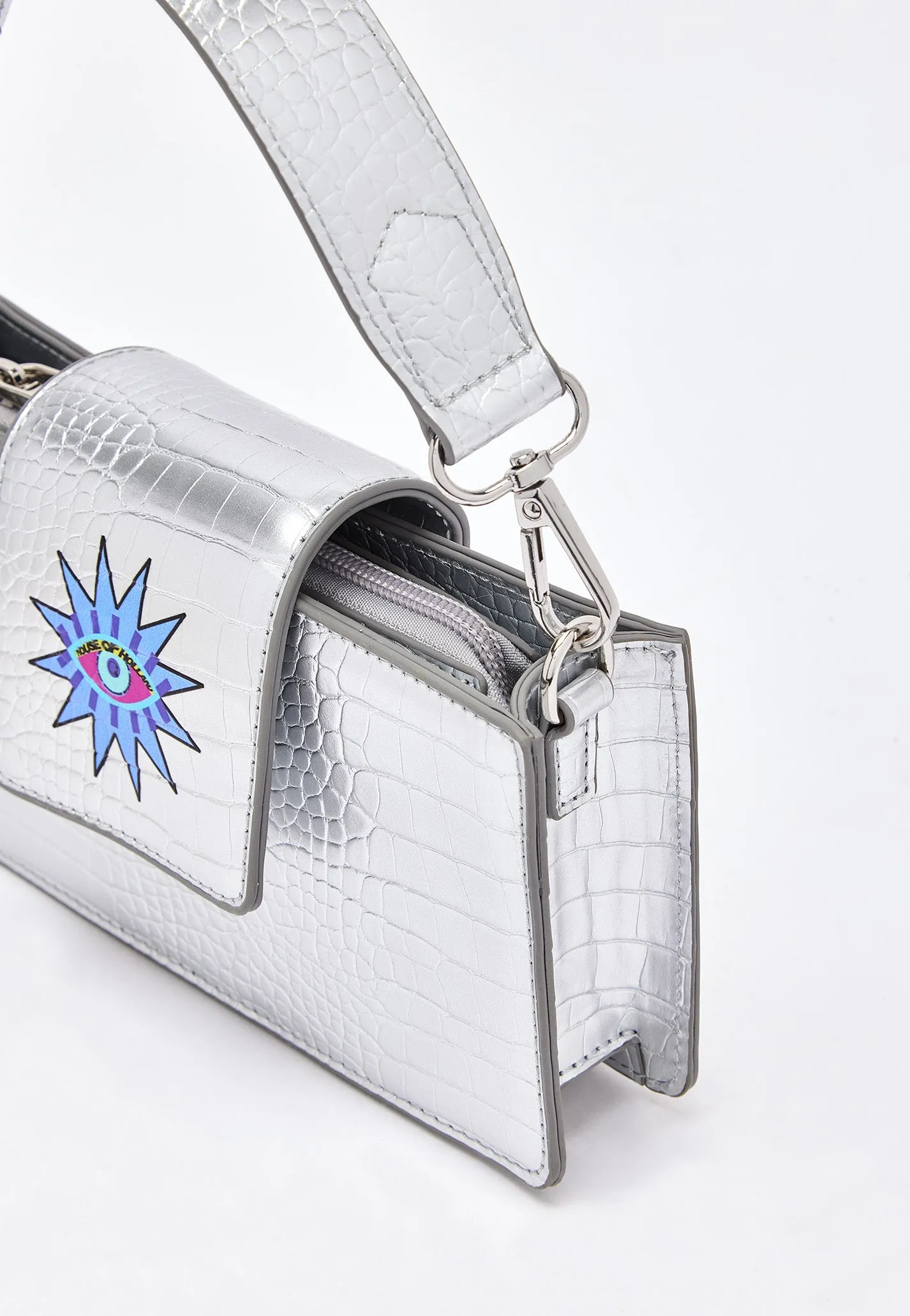 House of Holland Small Crossbody Bag in Silver with Printed Logo