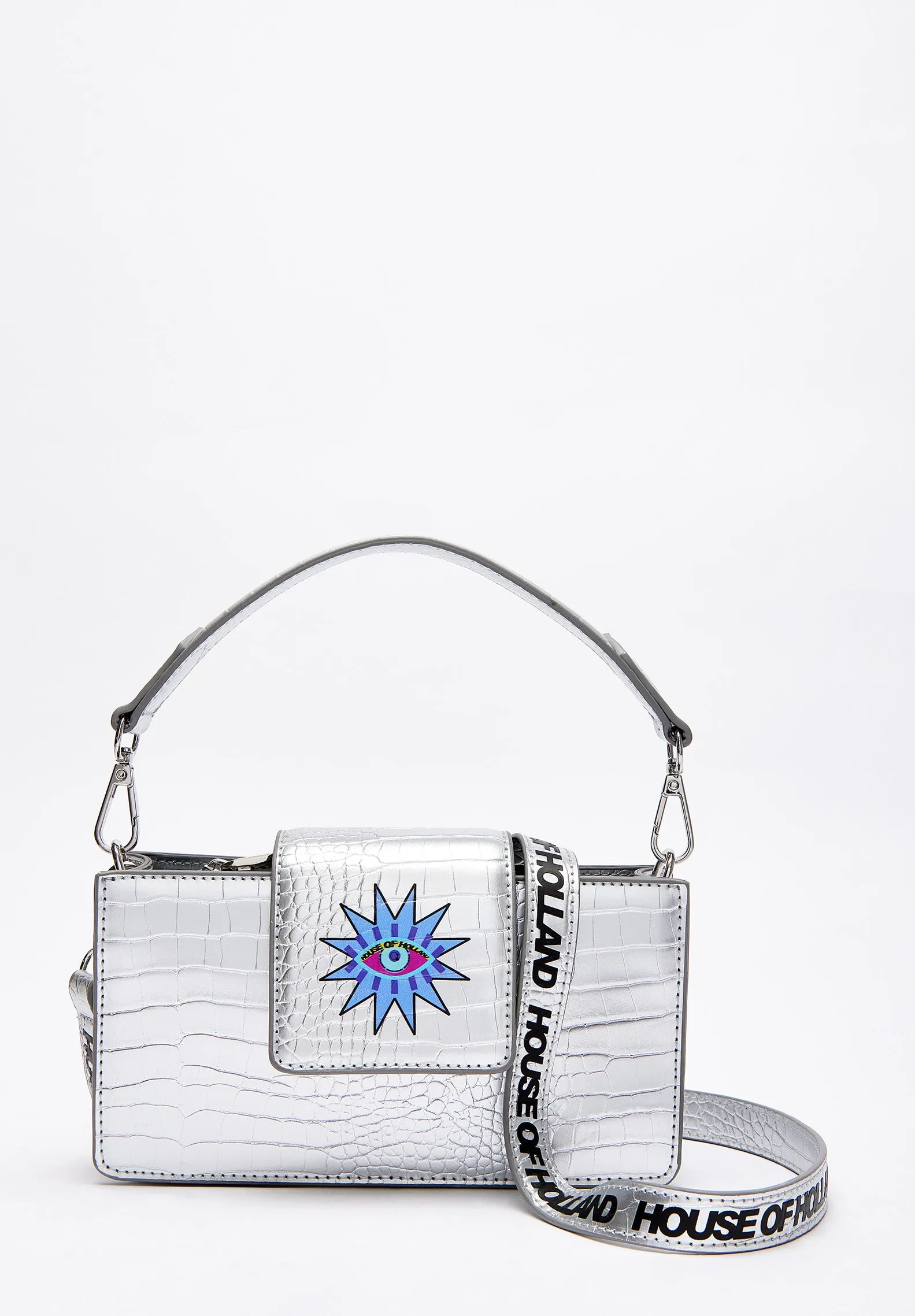 House of Holland Small Crossbody Bag in Silver with Printed Logo