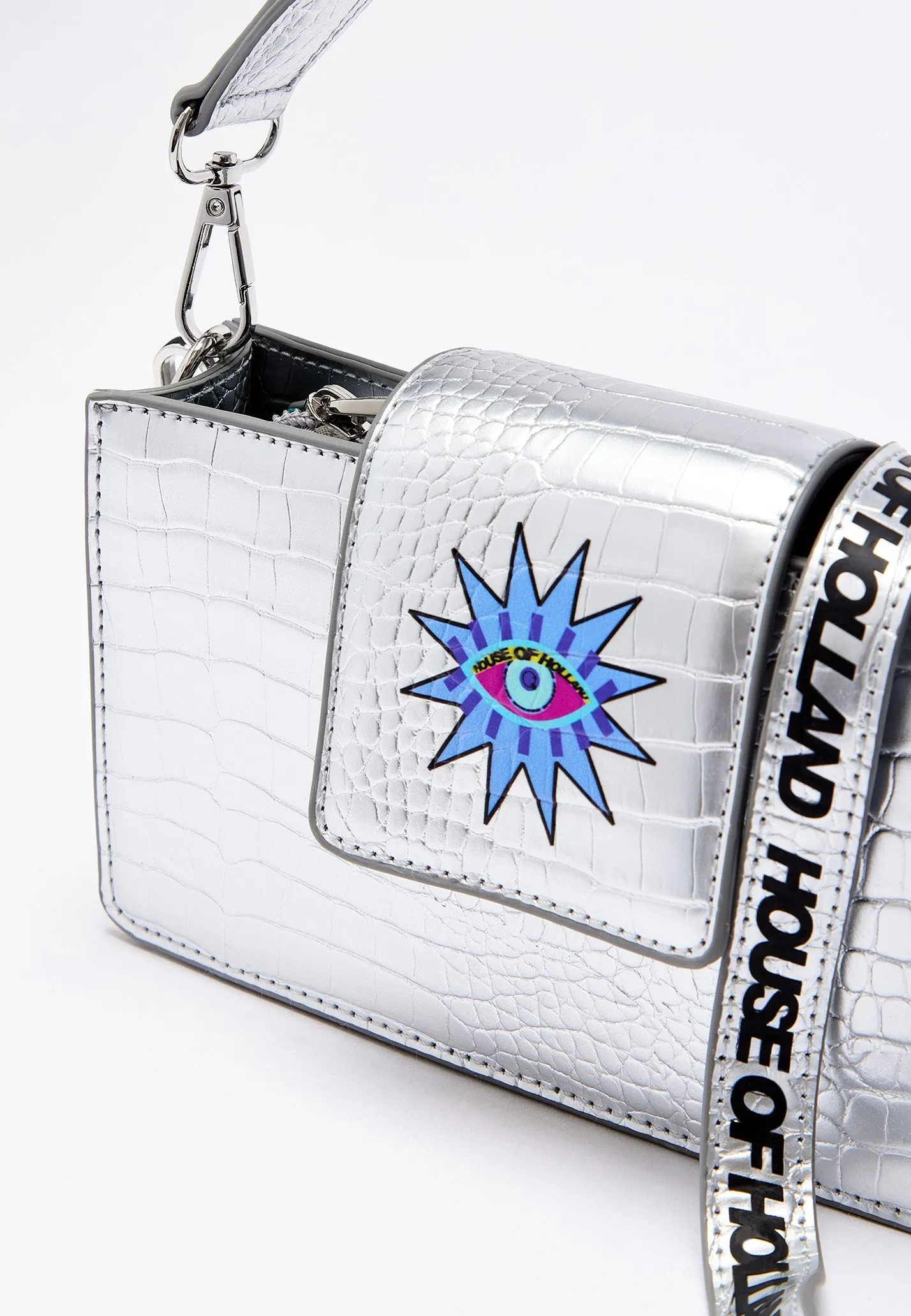 House of Holland Small Crossbody Bag in Silver with Printed Logo