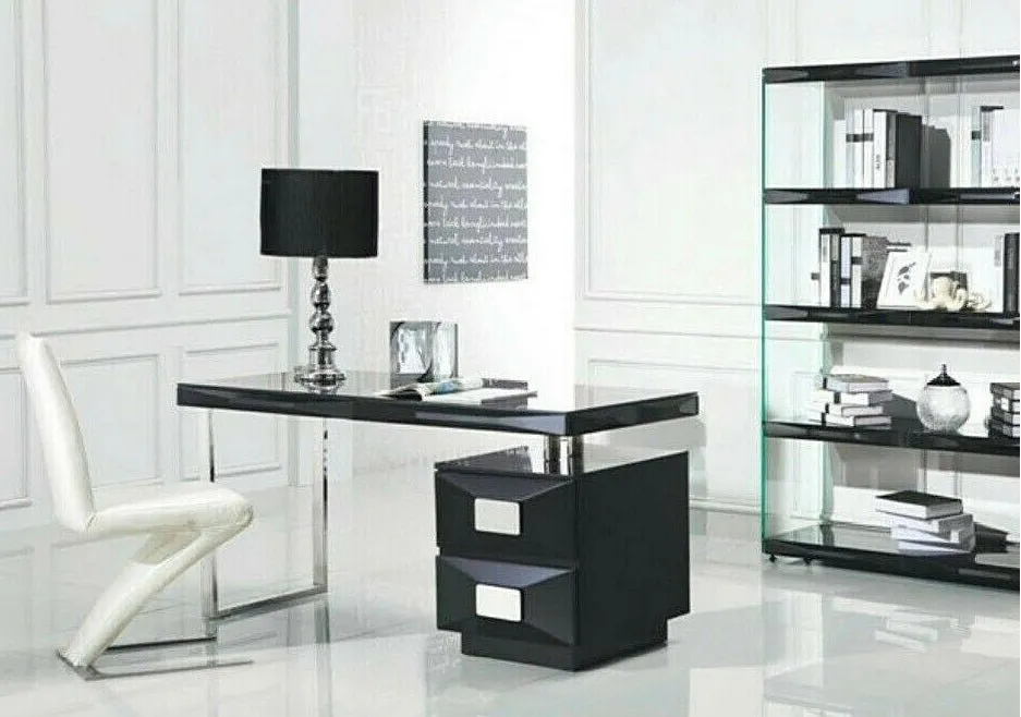 Ivory White Elegant Glass Top Office Desk Table with Pedestal Drawer