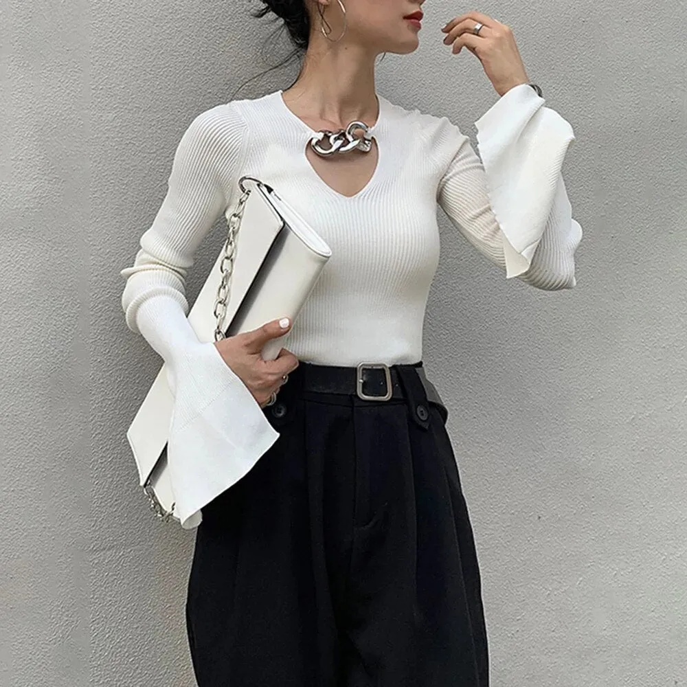 Knitting Hollow Out Sweaters For Women V Neck Flare Sleeve Patchwork Sequined Pullover Sweater Female Fashion