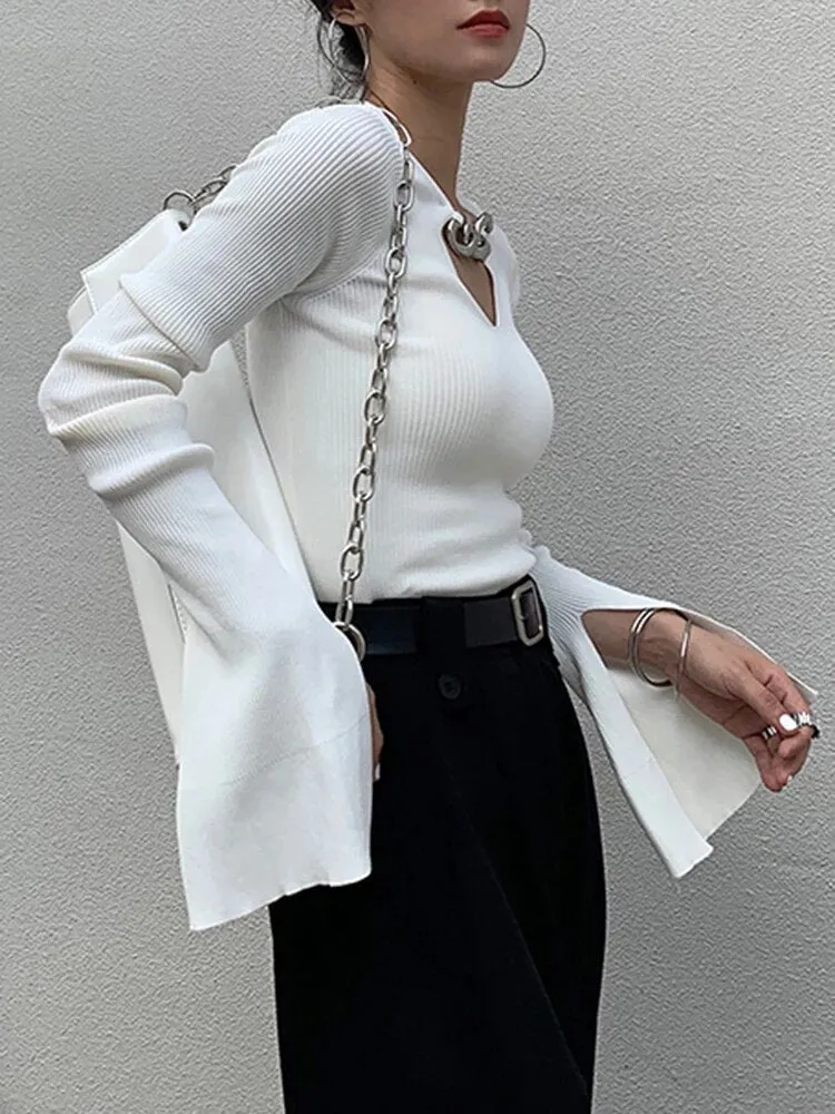 Knitting Hollow Out Sweaters For Women V Neck Flare Sleeve Patchwork Sequined Pullover Sweater Female Fashion