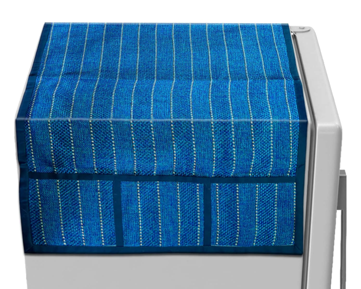 Kuber Industries Lining Print Jute Fridge Top Cover with 6 Utility Side Pockets (Blue)