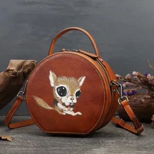 Ladies Leather Circle Bag With Hand-drawn Squirrel Side Bags For Women