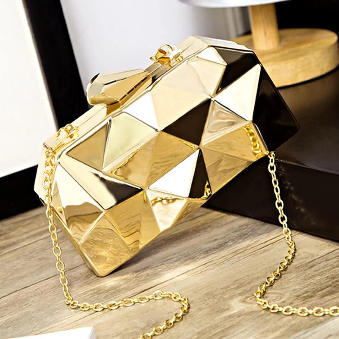 Lattice Pattern Mustard Metal Chain Handbag Evening Clutch Purse