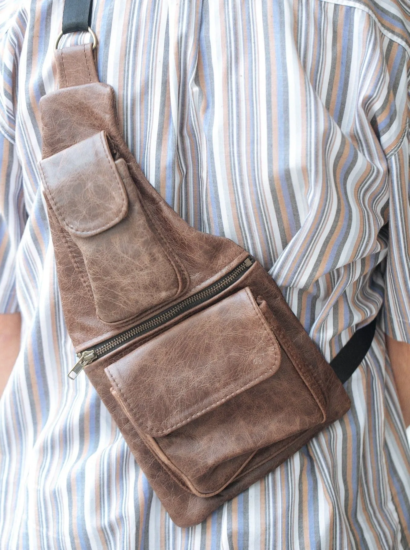 Men’s Crossbody Sling Bag - Cowhide - Premium Marble Brown