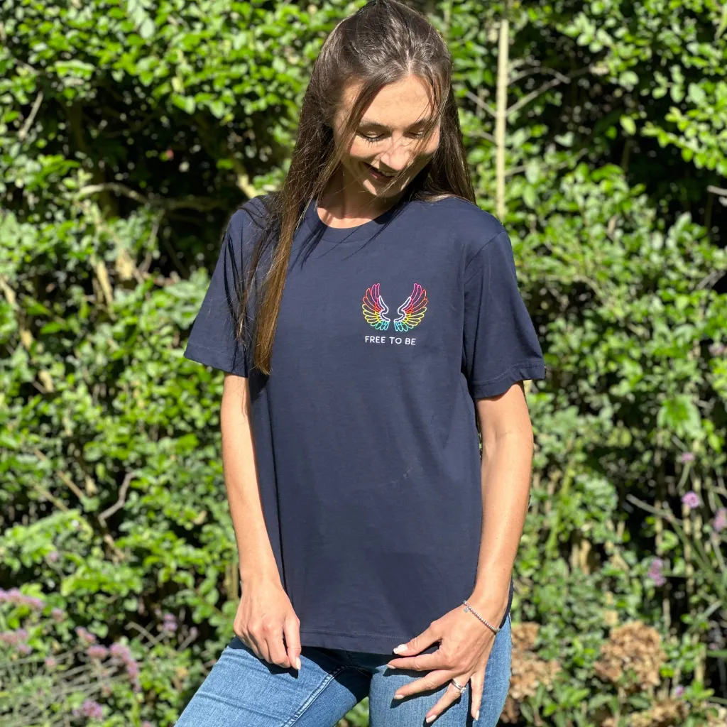 Navy Organic T Shirt with Embroidered Wings