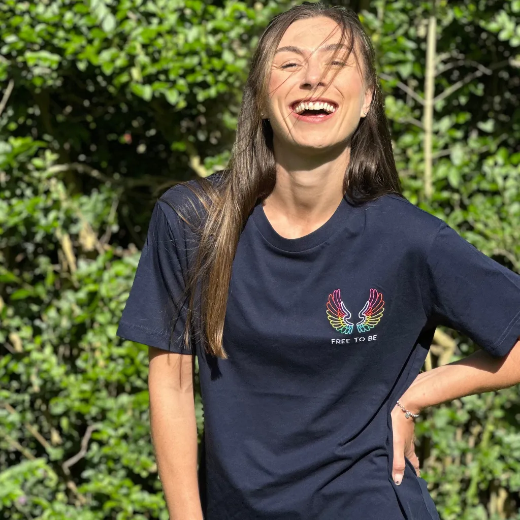 Navy Organic T Shirt with Embroidered Wings