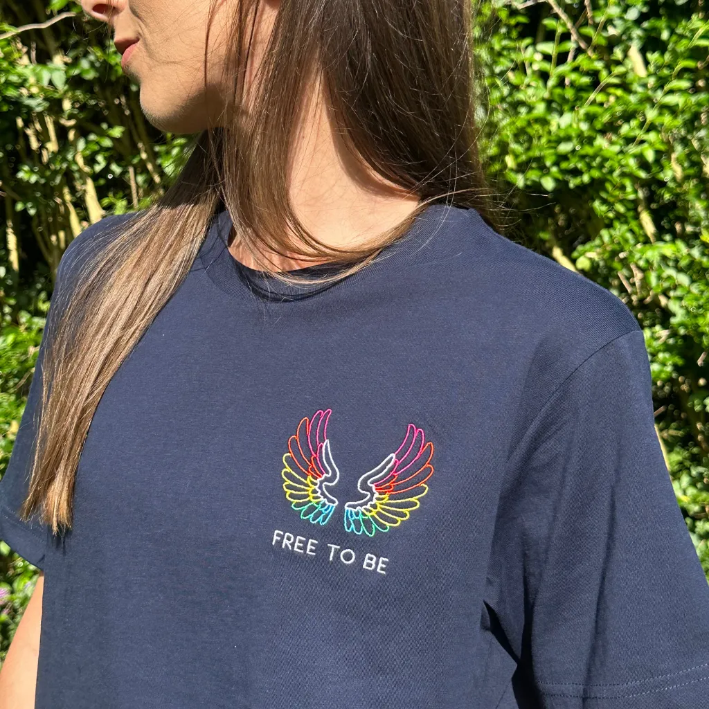 Navy Organic T Shirt with Embroidered Wings