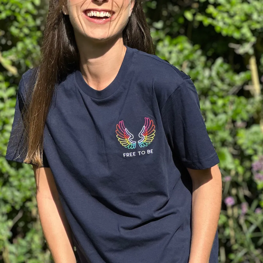 Navy Organic T Shirt with Embroidered Wings