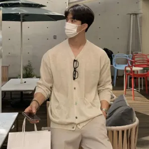 Niche Style Men's Thin Knitted T-shirts V-neck Long Sleeve Male Loose Tees Solid Color Casual Clothing  Summer 6243
