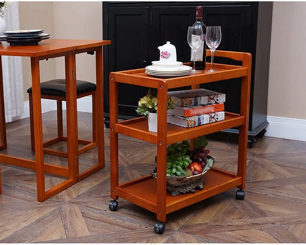 ODEJIA 3-Tier Solid Wood Bar Trolley - Midcentury Modern Whiskey Maple