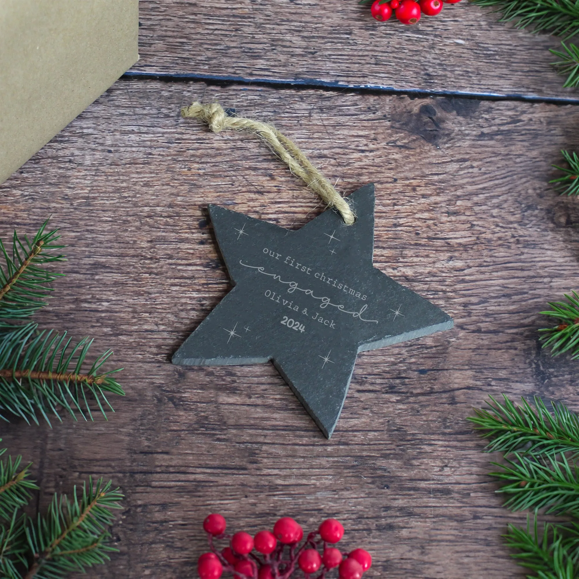 Personalised 'Our First Christmas Engaged' Slate Hanging Star Decoration