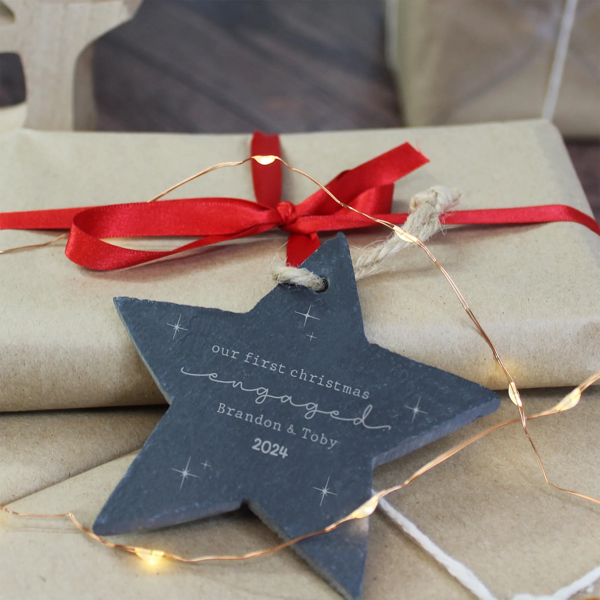 Personalised 'Our First Christmas Engaged' Slate Hanging Star Decoration