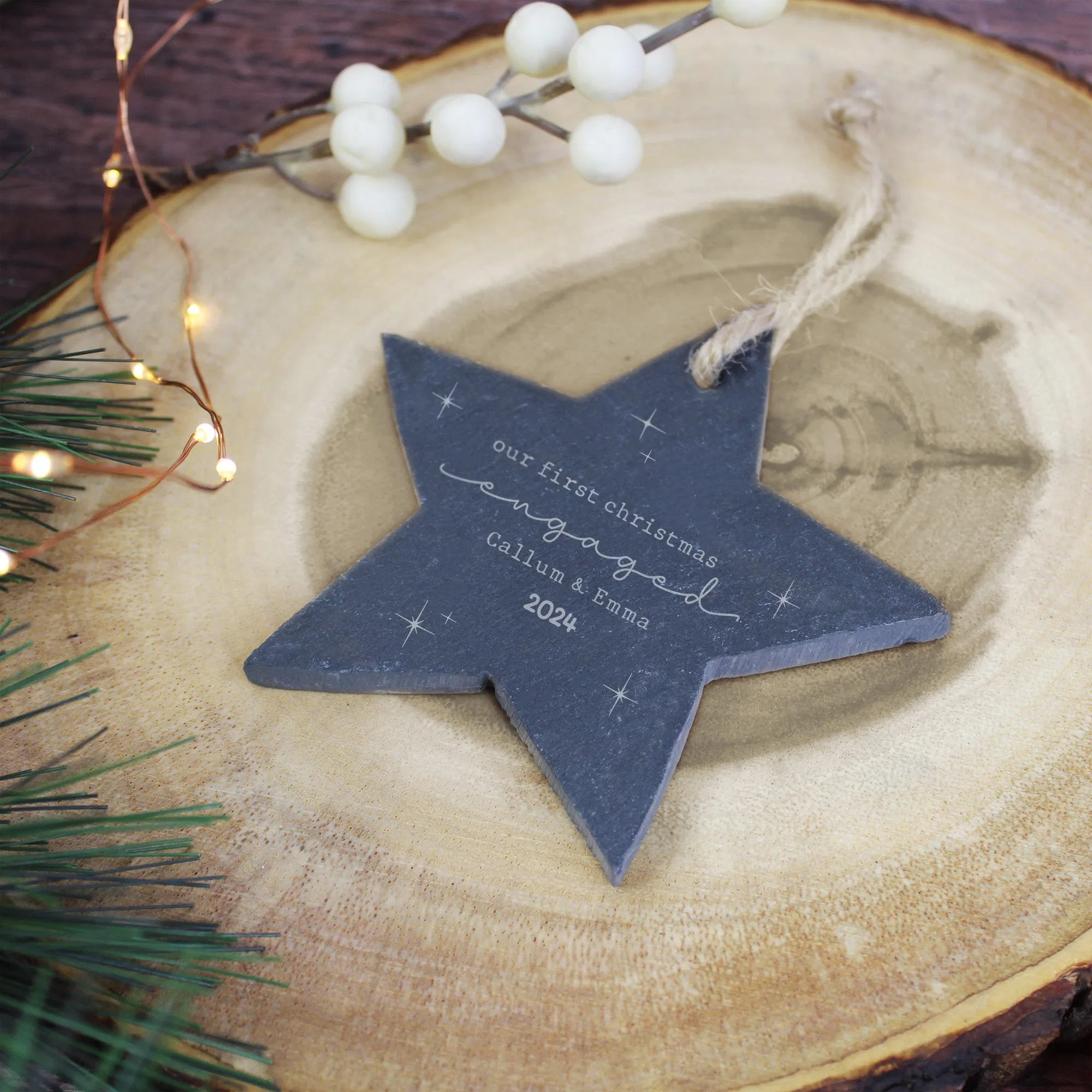 Personalised 'Our First Christmas Engaged' Slate Hanging Star Decoration