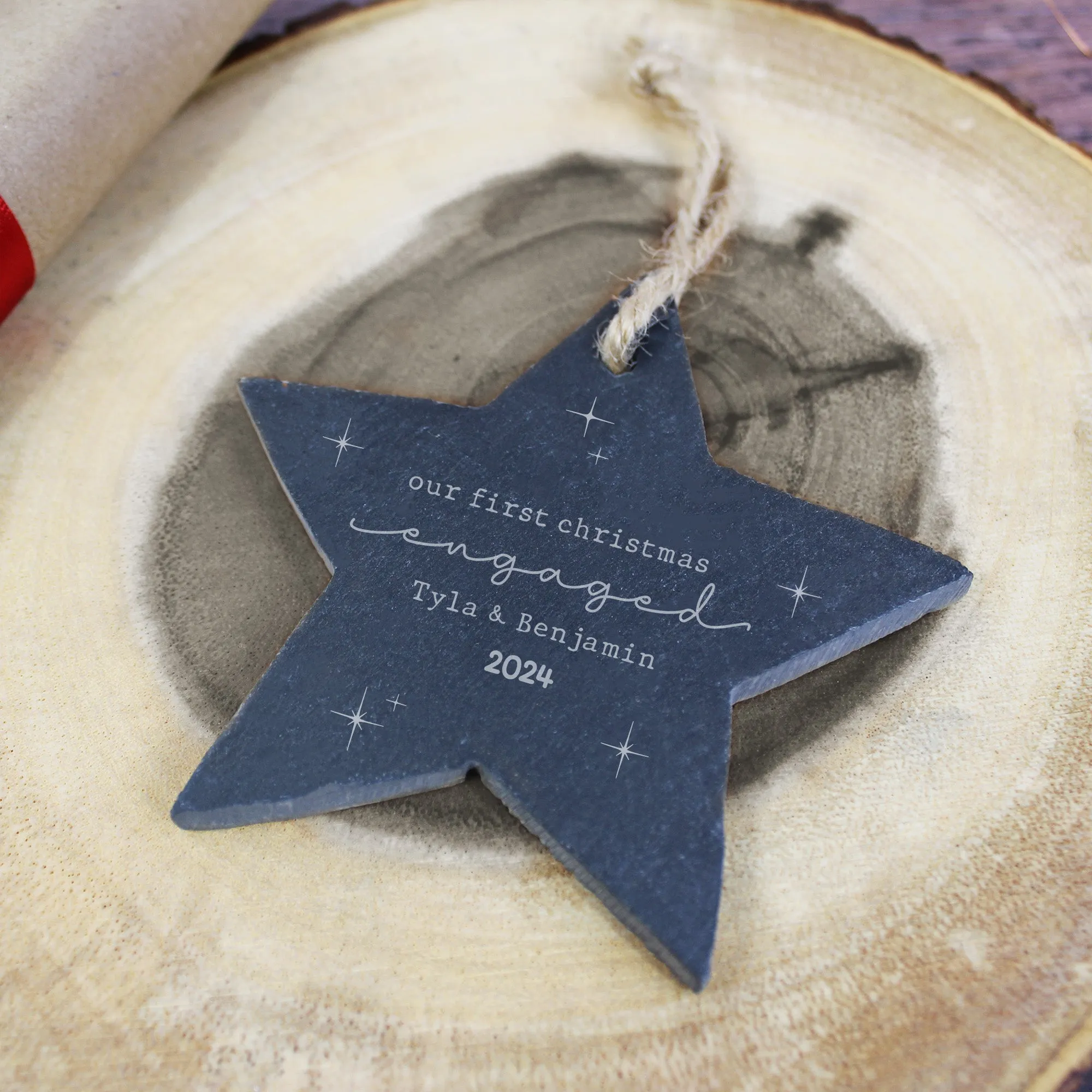 Personalised 'Our First Christmas Engaged' Slate Hanging Star Decoration