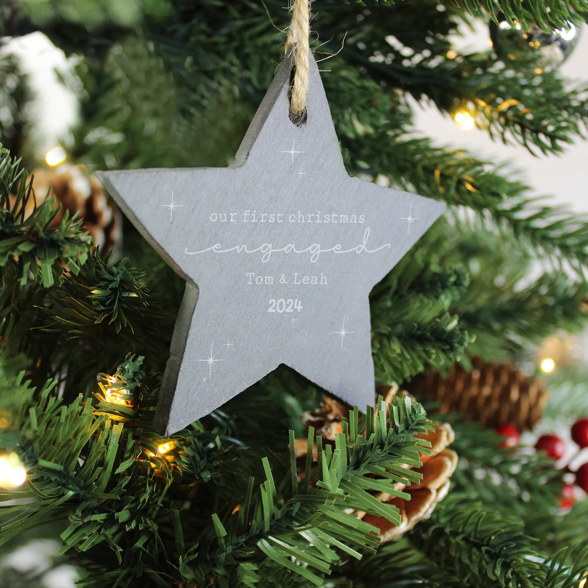 Personalised 'Our First Christmas Engaged' Slate Hanging Star Decoration