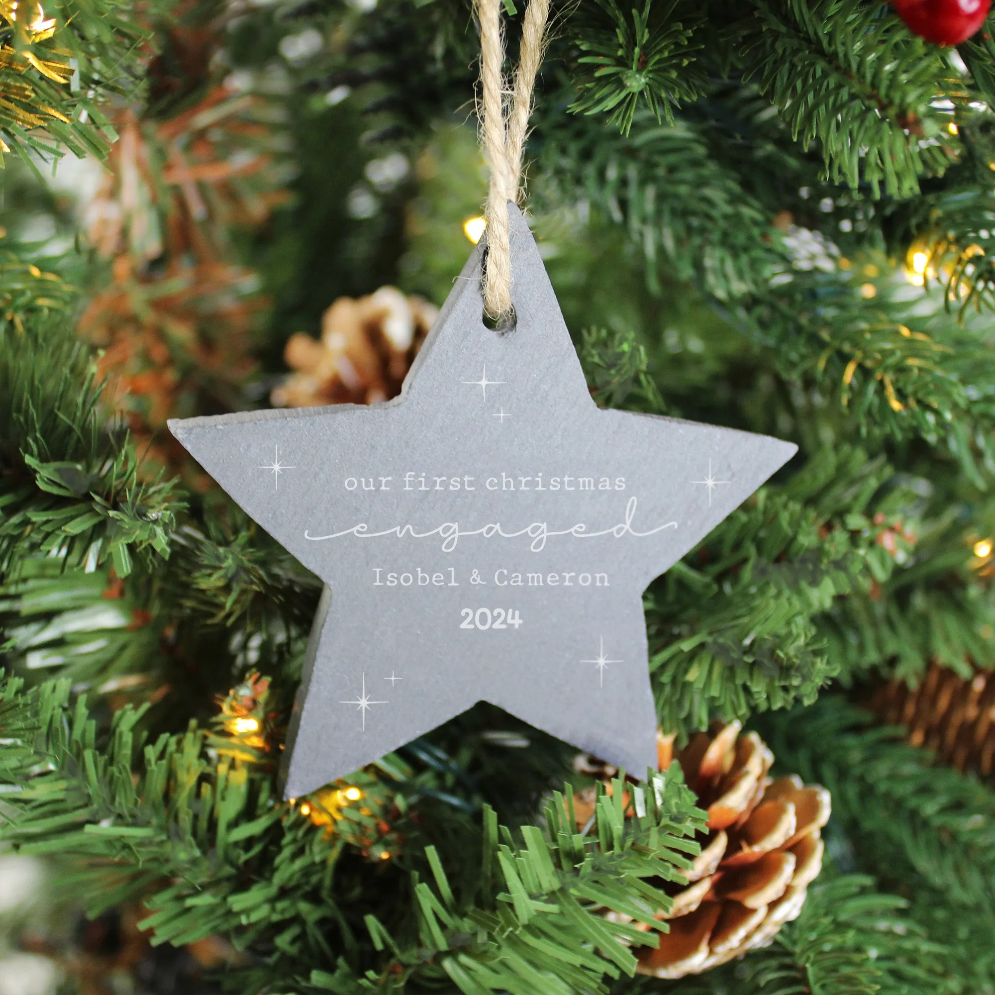 Personalised 'Our First Christmas Engaged' Slate Hanging Star Decoration