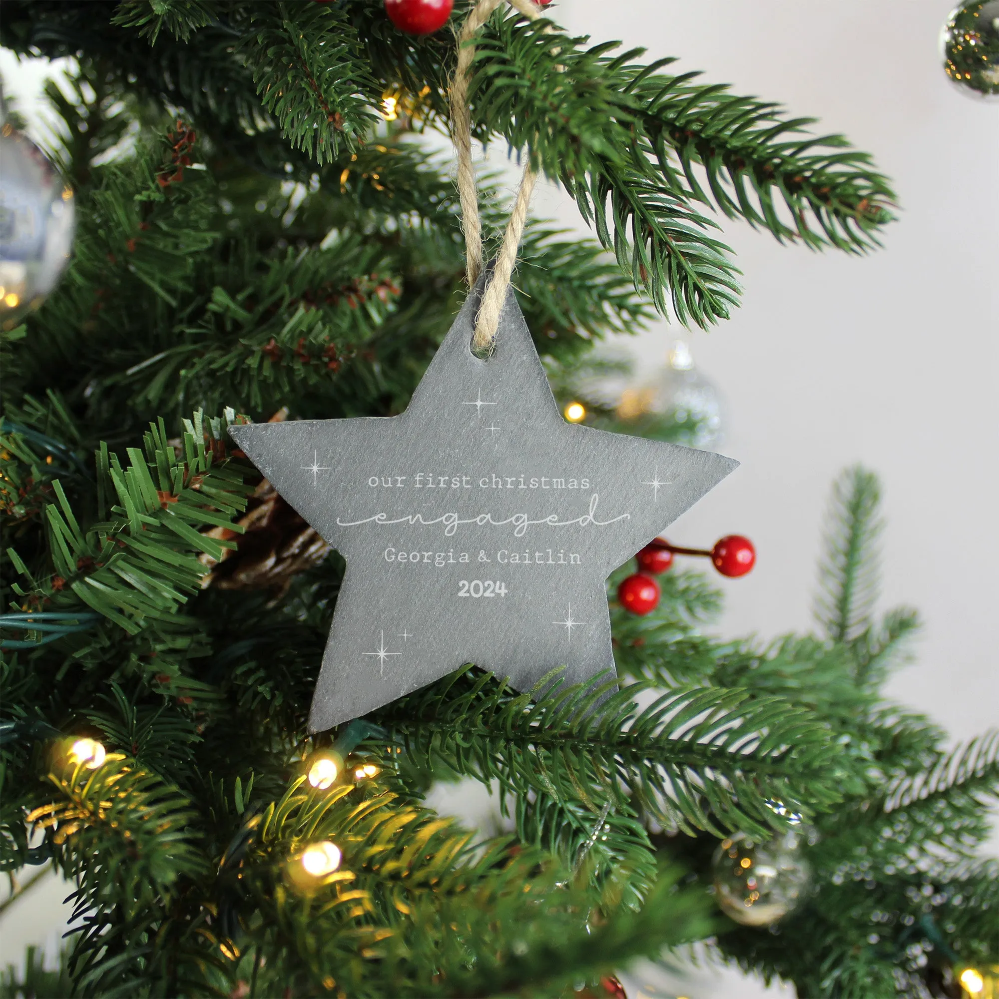 Personalised 'Our First Christmas Engaged' Slate Hanging Star Decoration