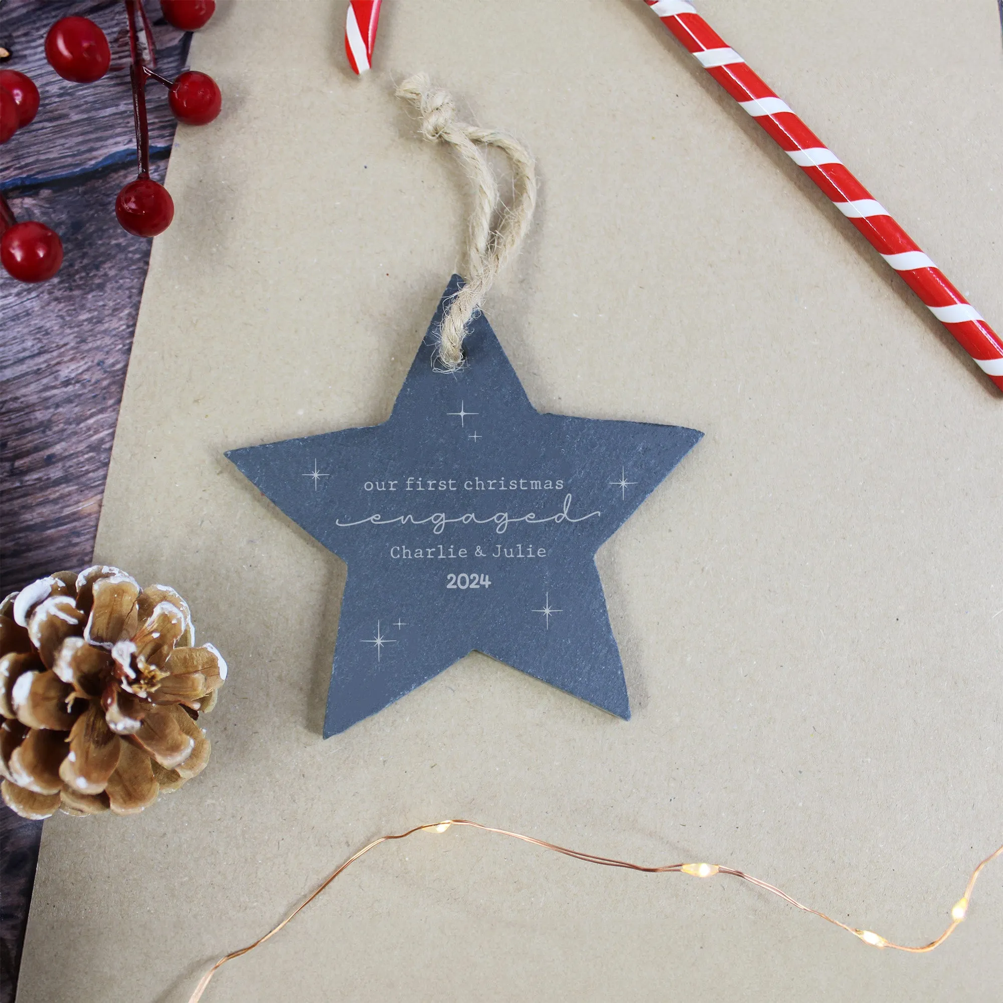 Personalised 'Our First Christmas Engaged' Slate Hanging Star Decoration