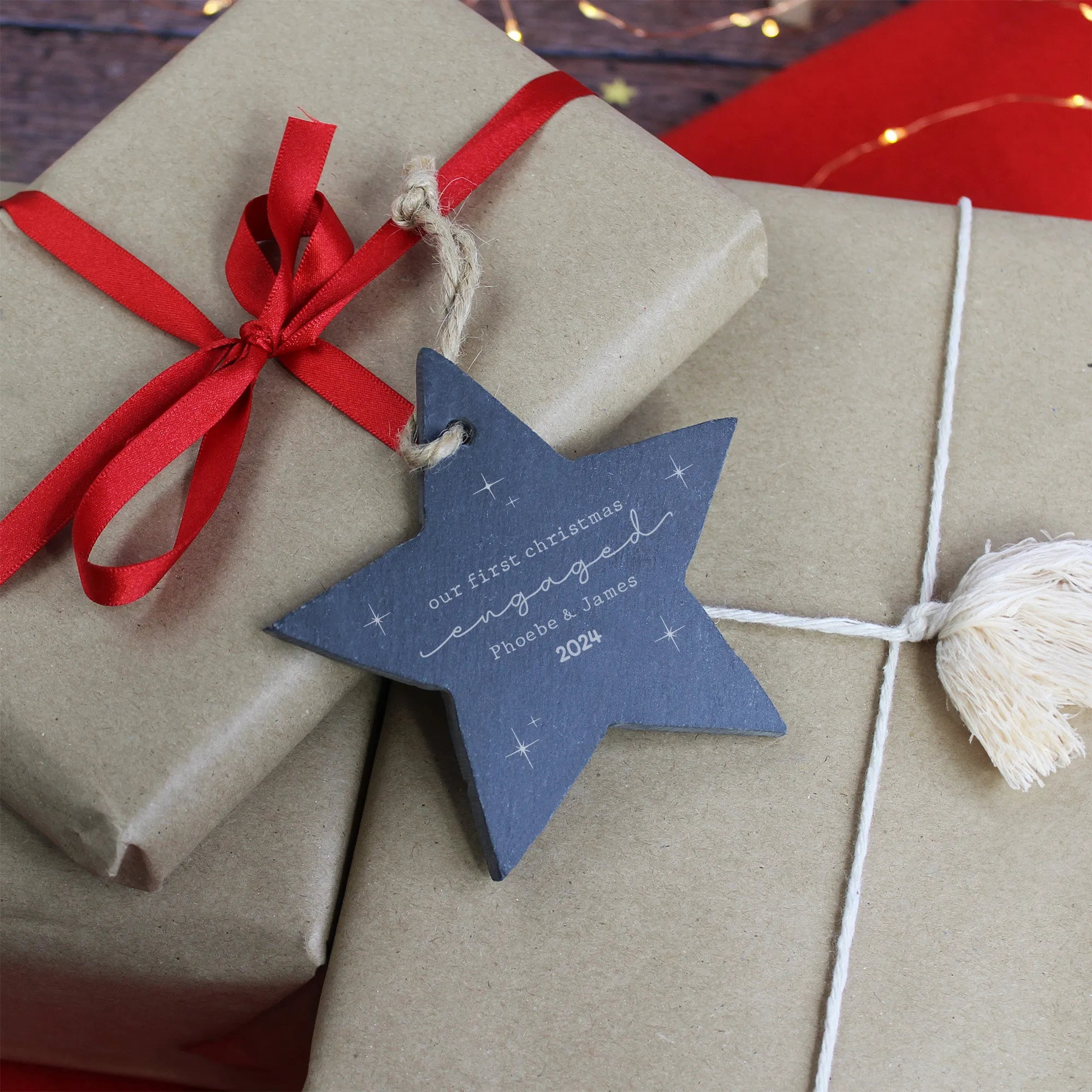Personalised 'Our First Christmas Engaged' Slate Hanging Star Decoration