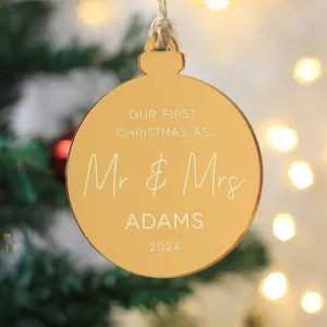 Personalised 'Our First Christmas Mr & Mrs' Silver Mirrored Bauble