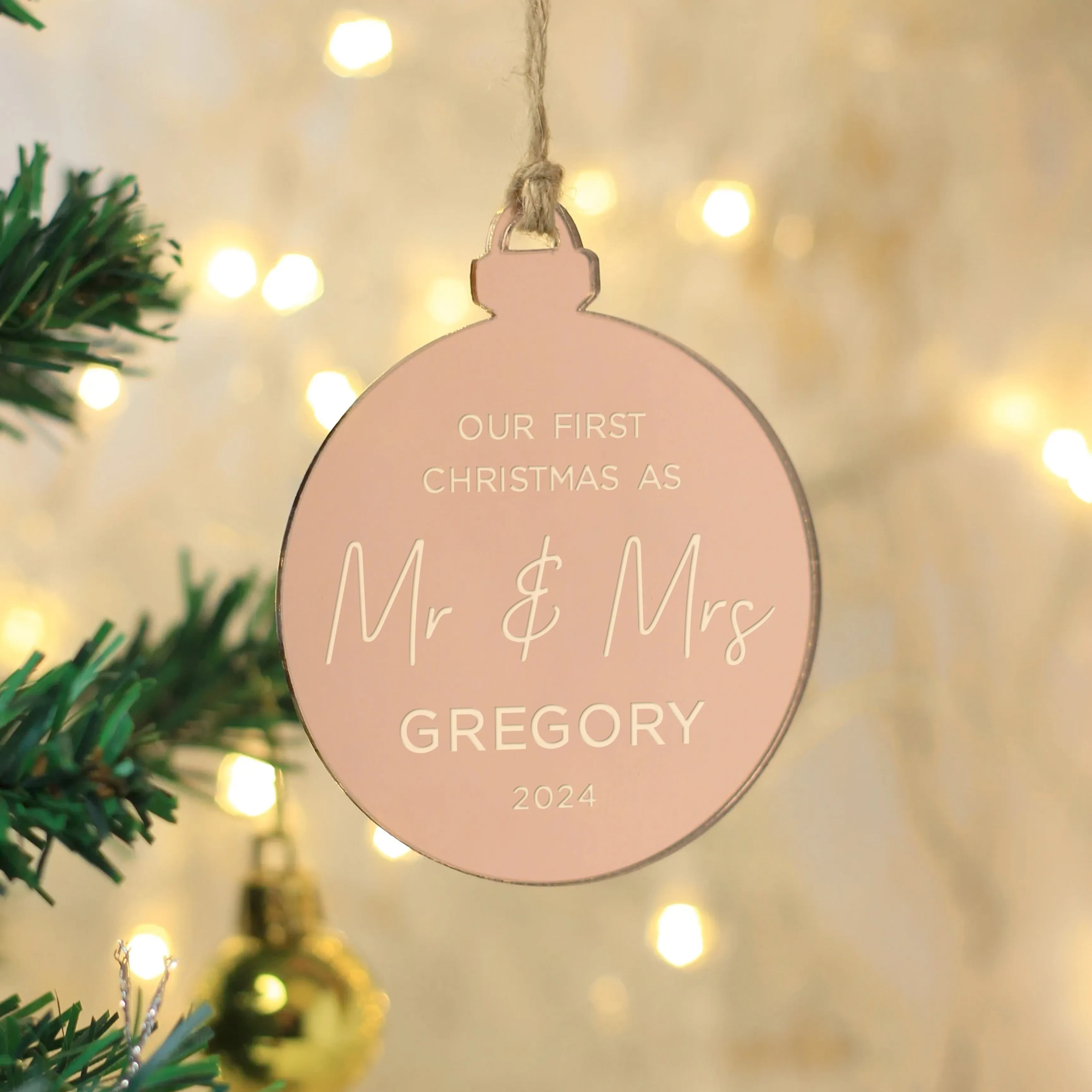 Personalised 'Our First Christmas Mr & Mrs' Silver Mirrored Bauble