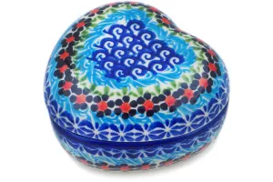 Polish Pottery 4" Heart Shaped Jar Cheerful Poppies