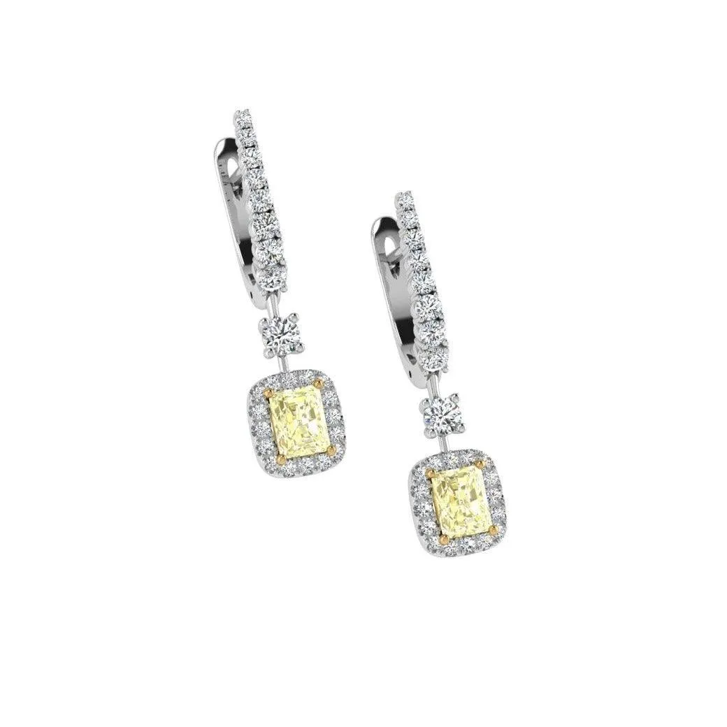 Radiant Cut Yellow and White Diamond Earrings