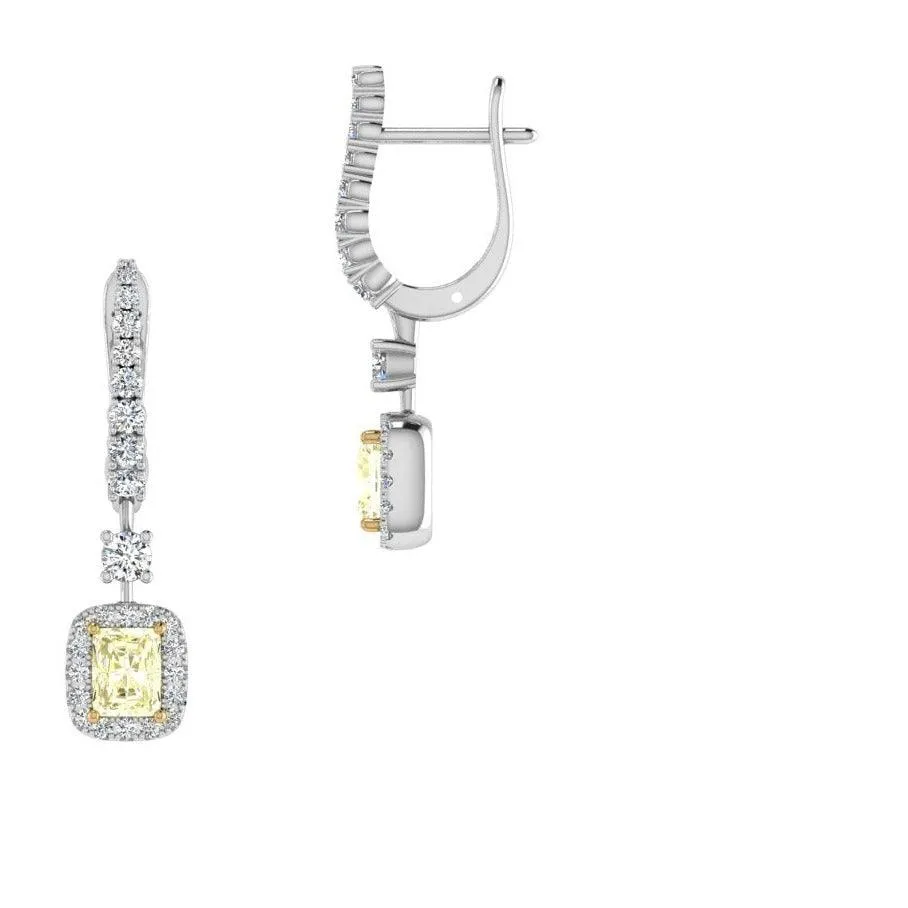 Radiant Cut Yellow and White Diamond Earrings