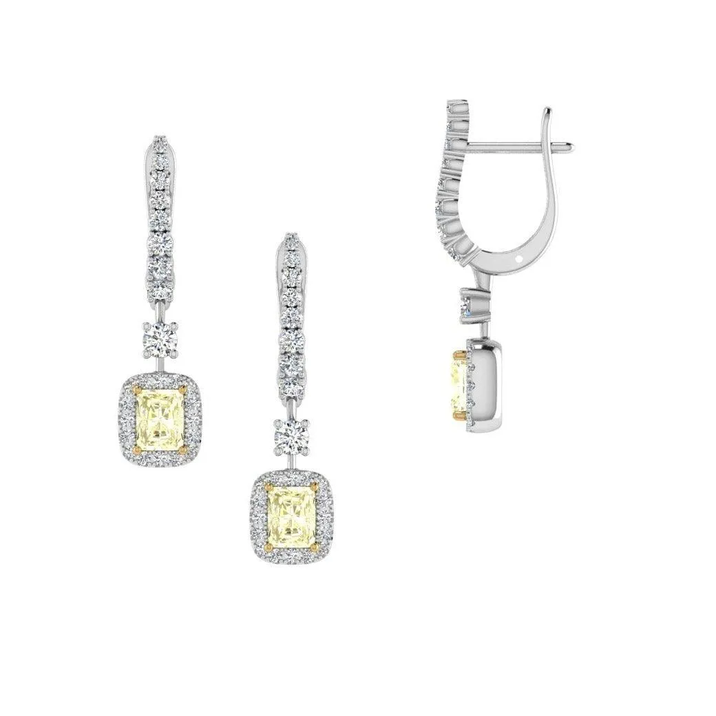 Radiant Cut Yellow and White Diamond Earrings