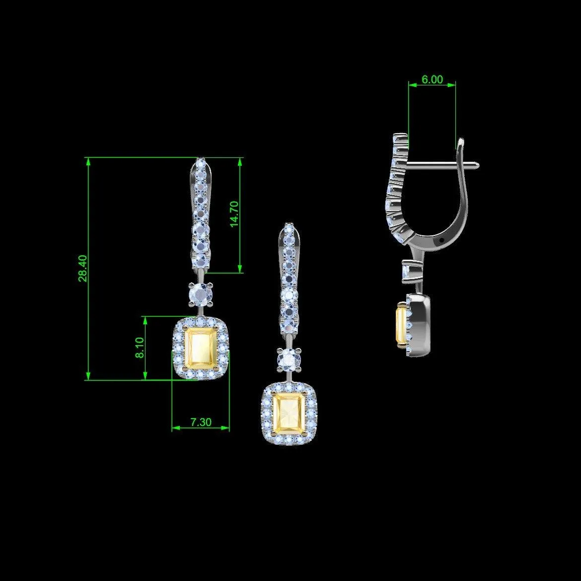 Radiant Cut Yellow and White Diamond Earrings