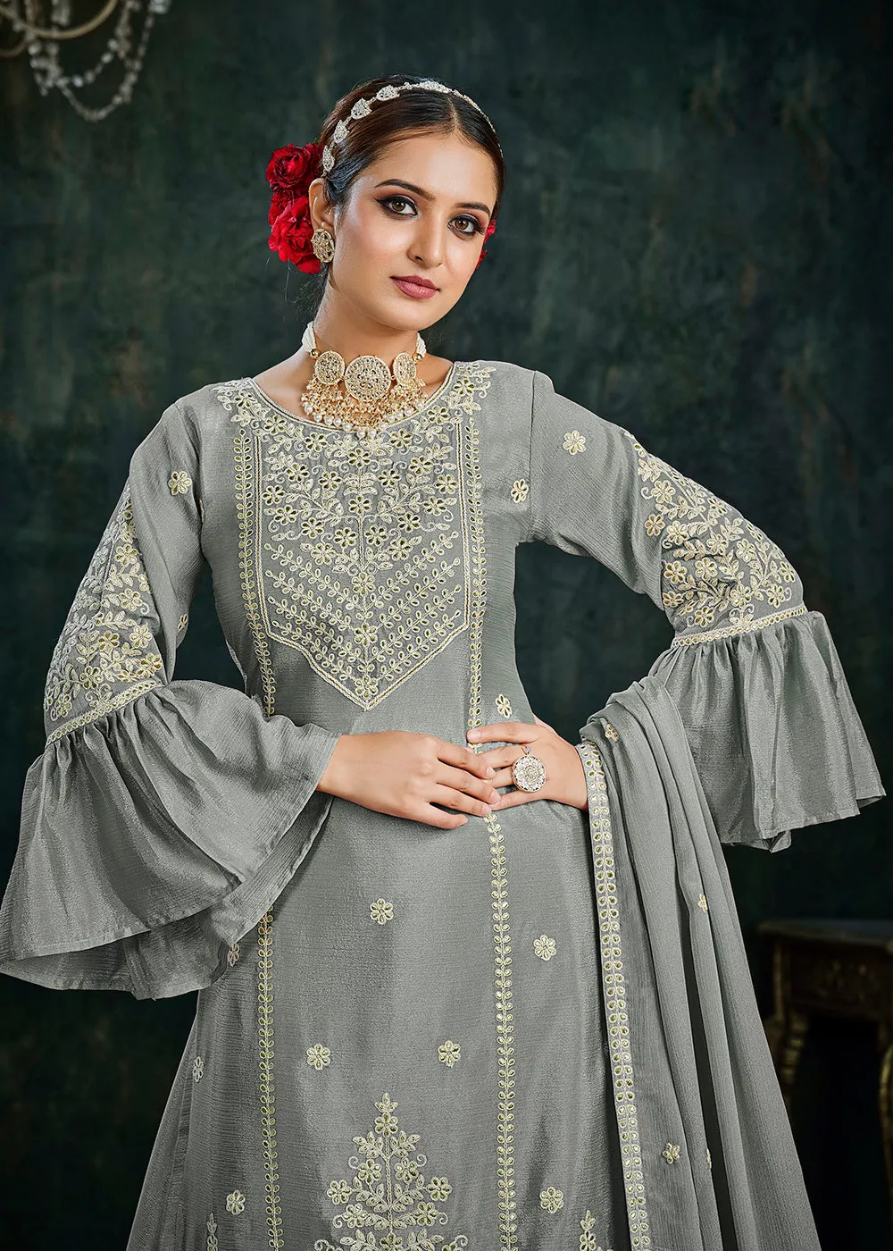 Sharara Top Style Gorgeous Grey Chinon Festive Lehenga Suit