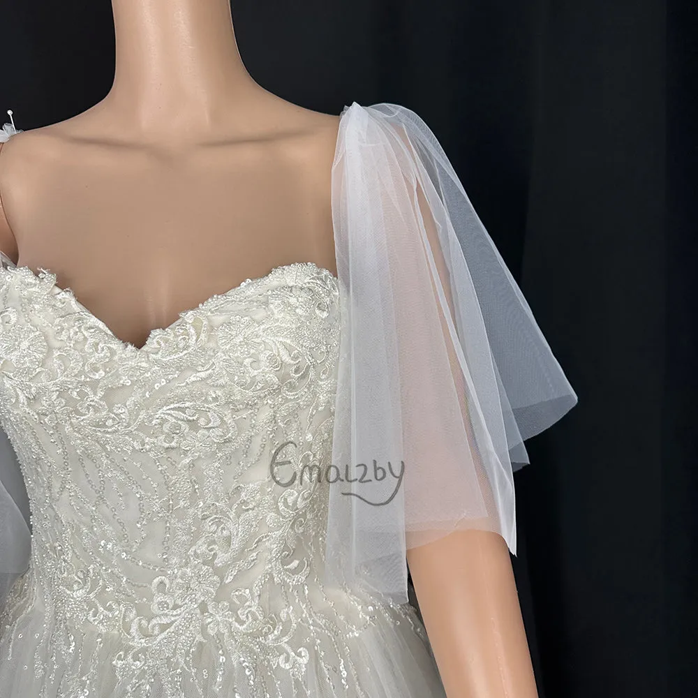 short flutter tulle off shoulder detach wedding sleeve , detachable bridal sleeve