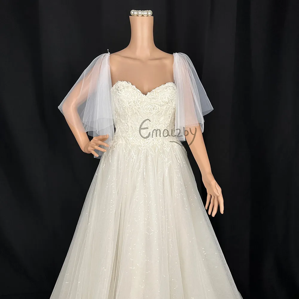 short flutter tulle off shoulder detach wedding sleeve , detachable bridal sleeve