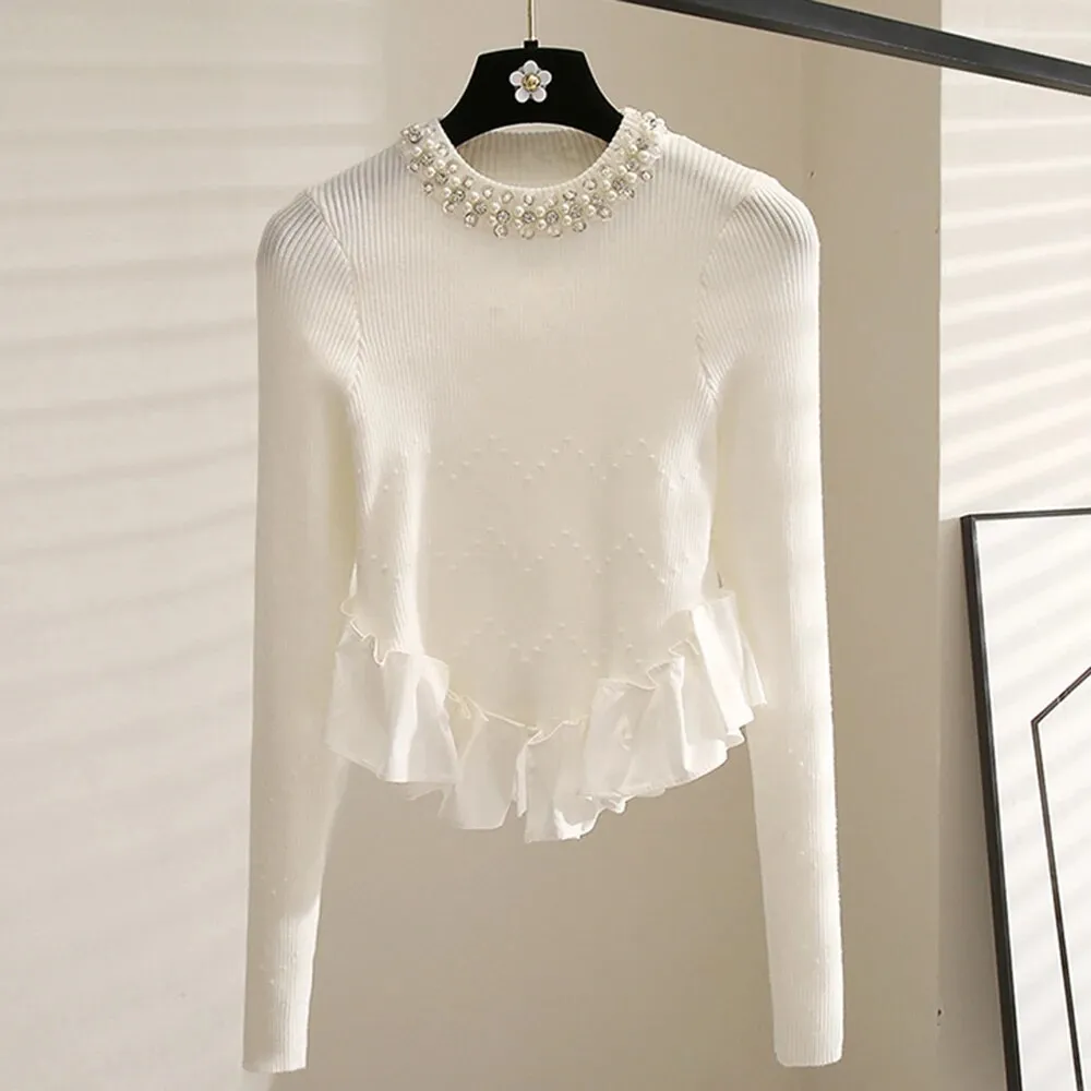 Slimming Spliced Pearls Sweaters For Women Round Neck Long Sleeve Patchwork Folds Knitting Sweater Female Fashion