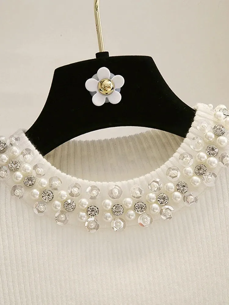 Slimming Spliced Pearls Sweaters For Women Round Neck Long Sleeve Patchwork Folds Knitting Sweater Female Fashion