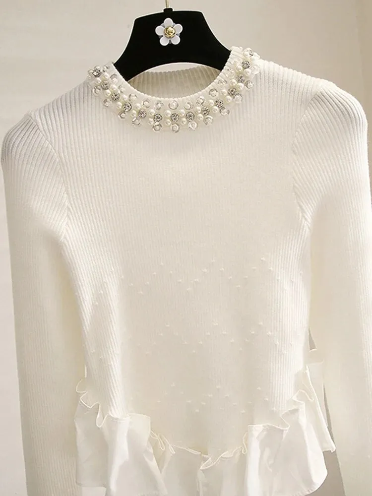 Slimming Spliced Pearls Sweaters For Women Round Neck Long Sleeve Patchwork Folds Knitting Sweater Female Fashion