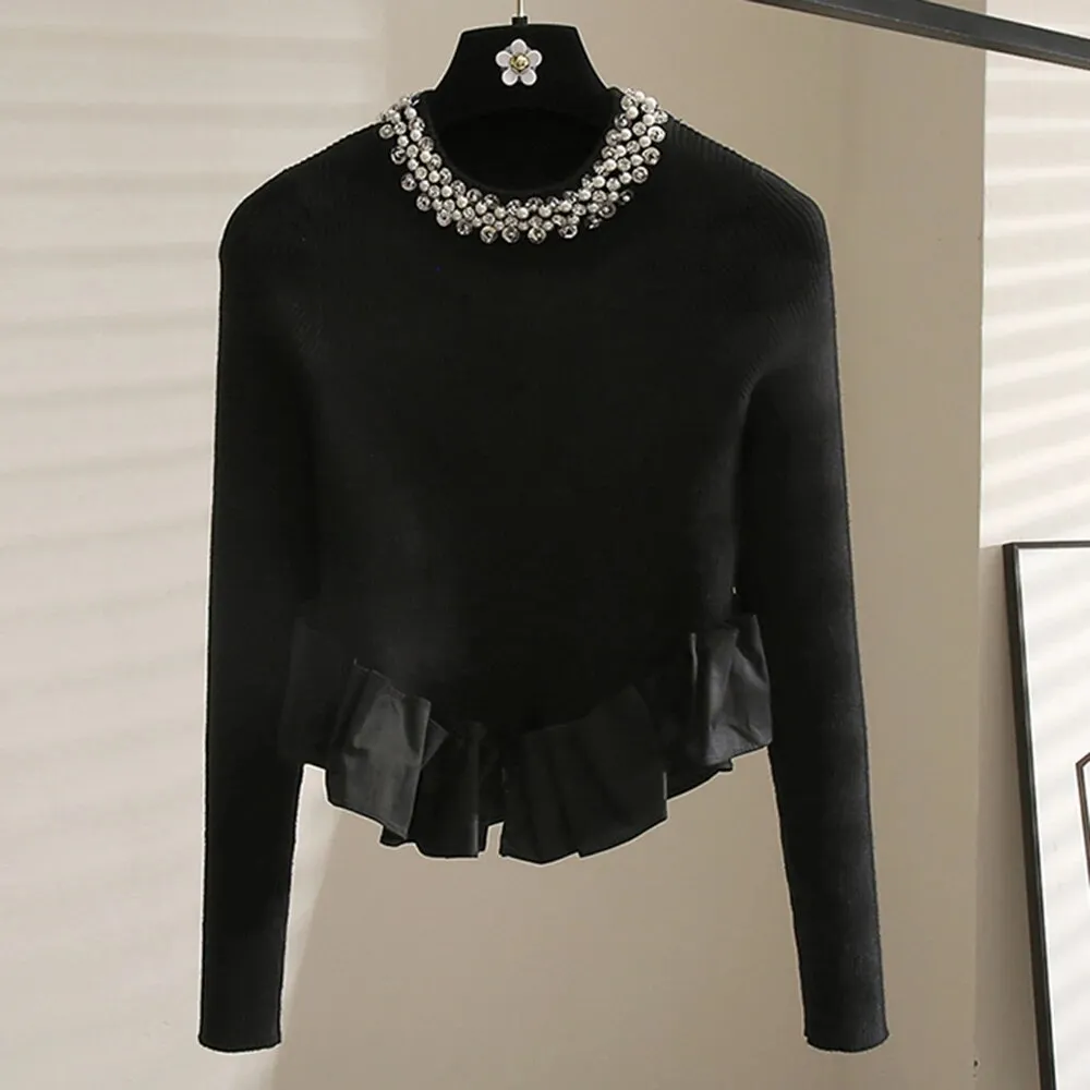 Slimming Spliced Pearls Sweaters For Women Round Neck Long Sleeve Patchwork Folds Knitting Sweater Female Fashion