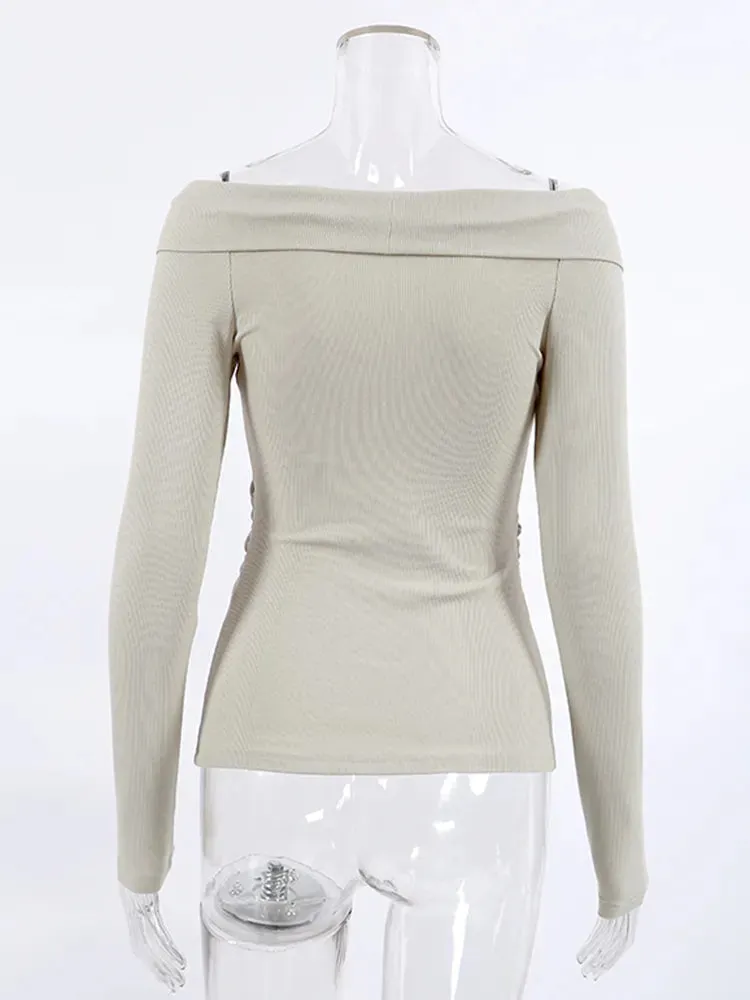 Solid Minimalist Slimming Kink T Shirts For Women V Neck Long Sleeve Sexy Pullover T Shirt Female Fashion Clothing