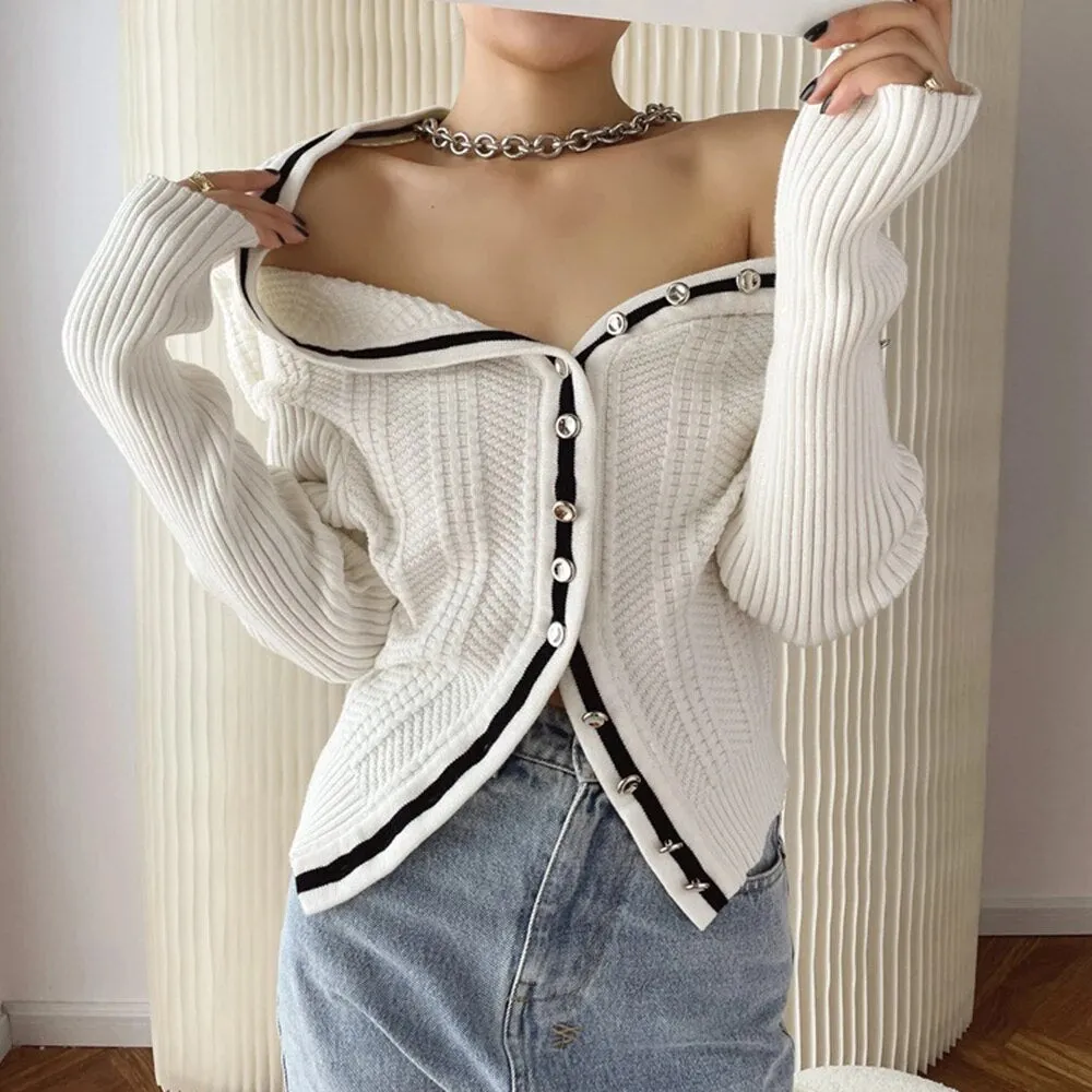 Solid Patchwork Single Button Knitting Sweaters For Women V Neck Long Sleeves Slimming Sweater Female Fashion