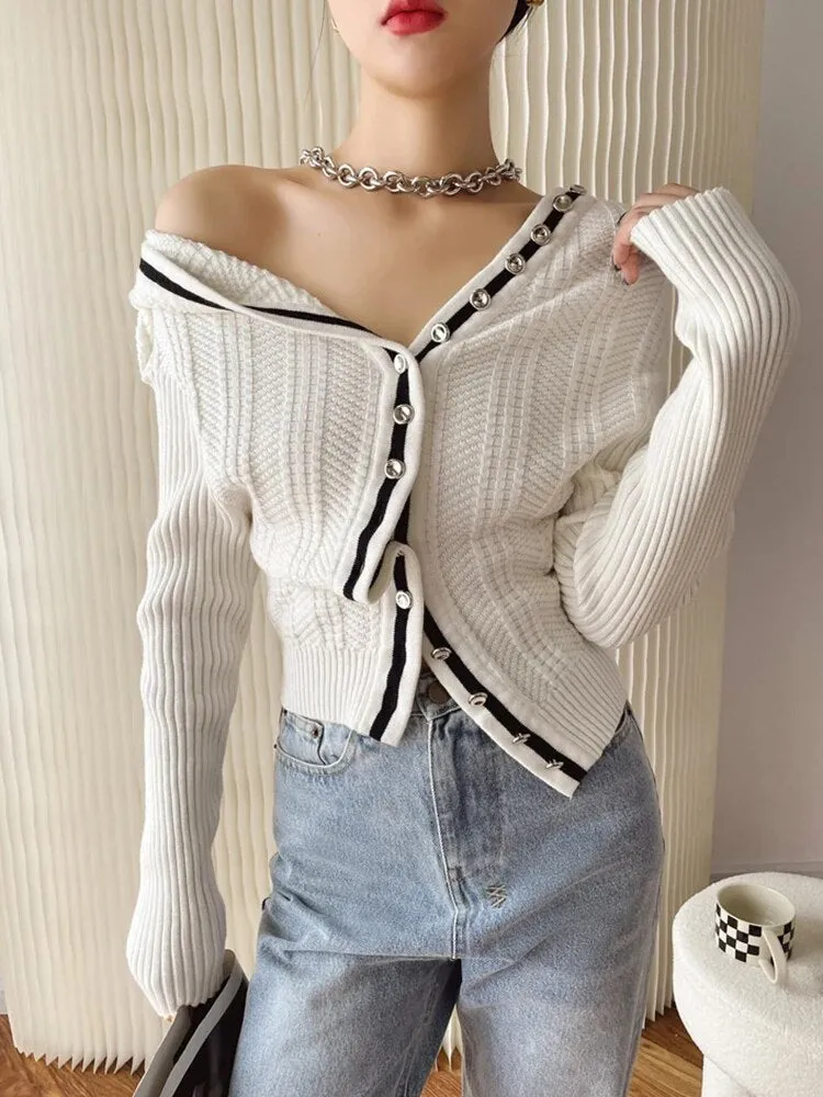 Solid Patchwork Single Button Knitting Sweaters For Women V Neck Long Sleeves Slimming Sweater Female Fashion
