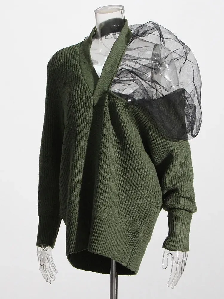 Spliced Mesh Knitting Sweaters For Women V Neck Long Sleeve Loose Chic Temperament Sweater Female Fashion Clothing