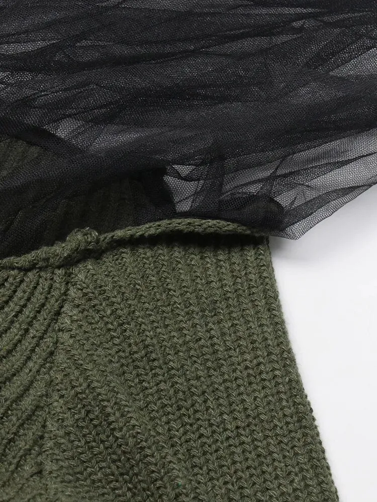 Spliced Mesh Knitting Sweaters For Women V Neck Long Sleeve Loose Chic Temperament Sweater Female Fashion Clothing