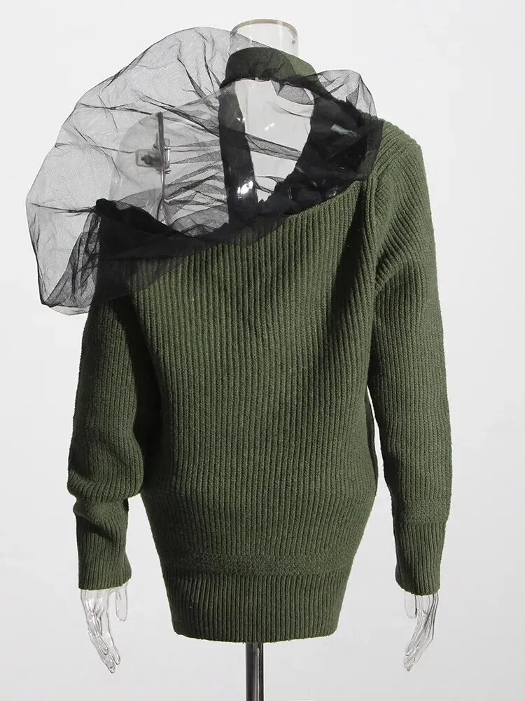 Spliced Mesh Knitting Sweaters For Women V Neck Long Sleeve Loose Chic Temperament Sweater Female Fashion Clothing