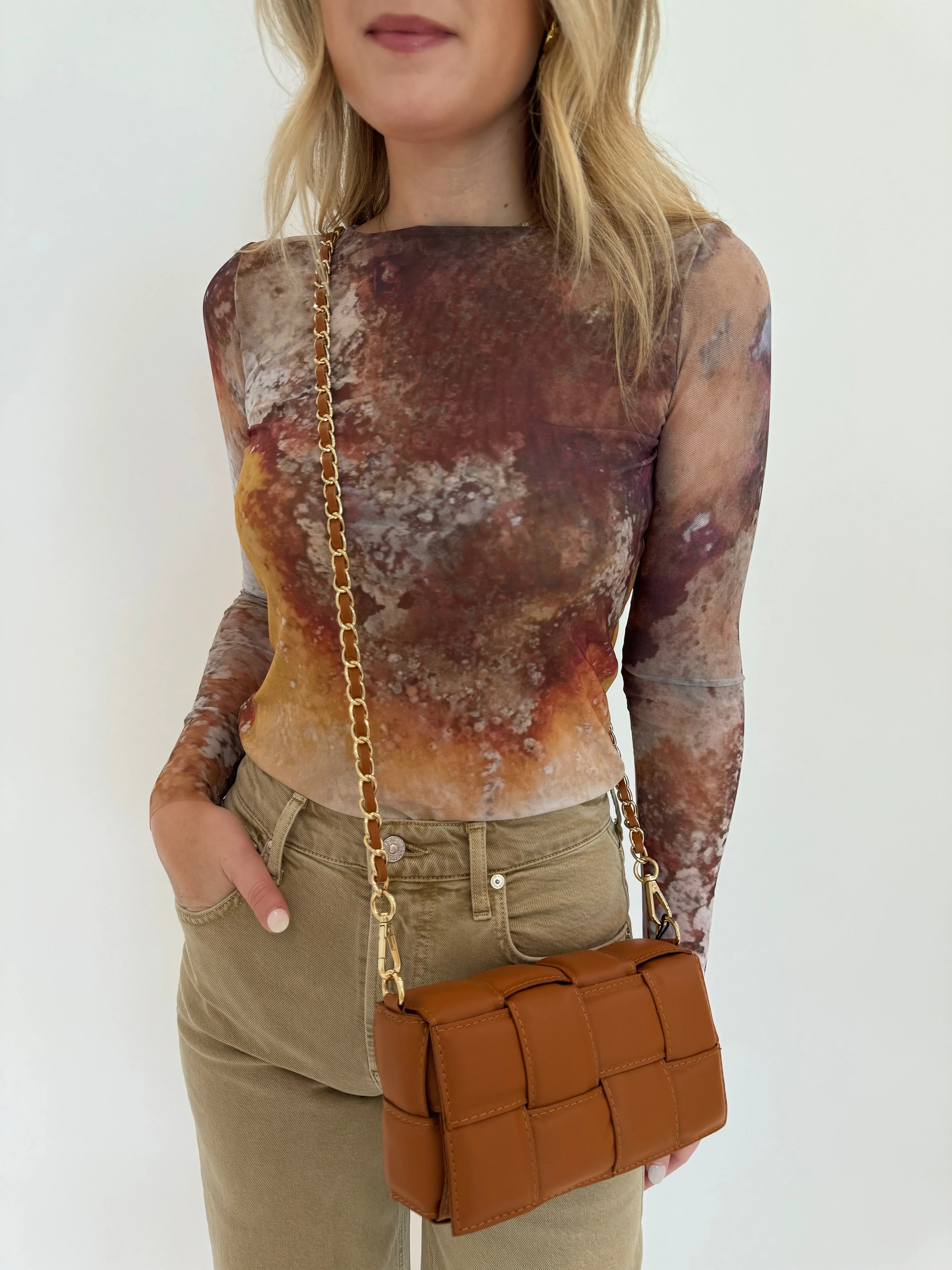 Square Weave Quilted Leather Bag - Camel