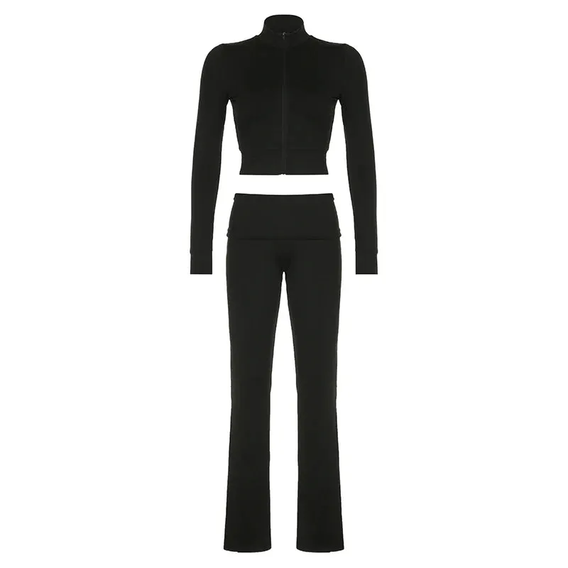 Streetwear Solid Skinny Spring Autumn Tracksuit Women Suits Two Pieces Set Zipper Top Low Waist Pants Sporty Casual
